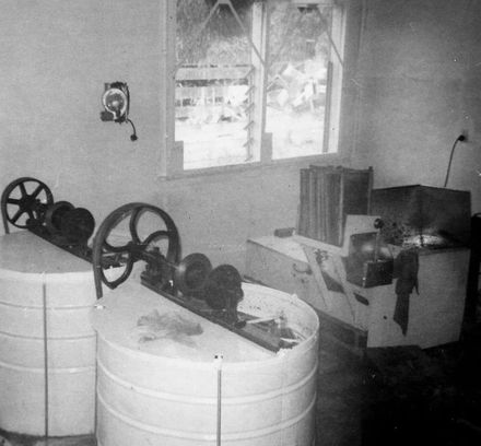 Inside Field's Apiaries honey house, 1967 Foxton