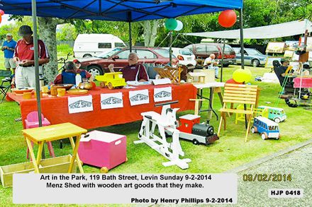 HJP 0419  Art in the Park, 119 Bath Street, Levin Sunday 9-2-2014 Menz Shed with wooden art goods that they make. - Resource cover image