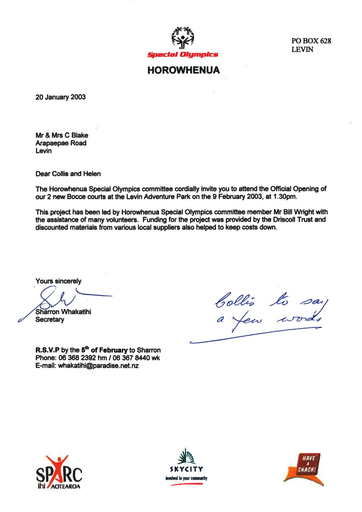 Special Olympics Invitation to Official Opening of the Bocce Courts