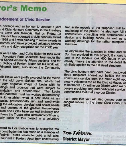 Mayor's memo Acknowledgement of Civic Service