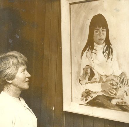 Celia Stewart admires painting by Margaret Waters - Resource cover image