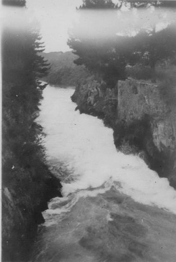 View of river between cliffs, 1920's