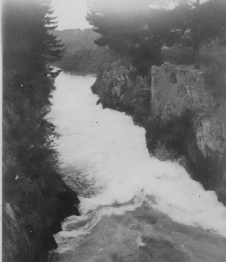 View of river between cliffs, 1920's