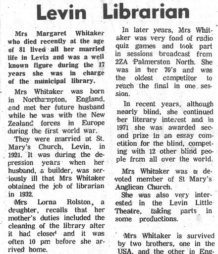 Mrs Whitaker was well known as Levin Librarian