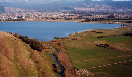 Aerial view of Lake Horowhenua and Levin