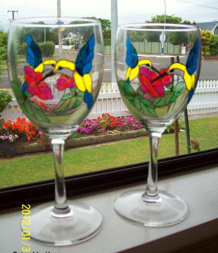 Humming bird and petunia flower wine glass