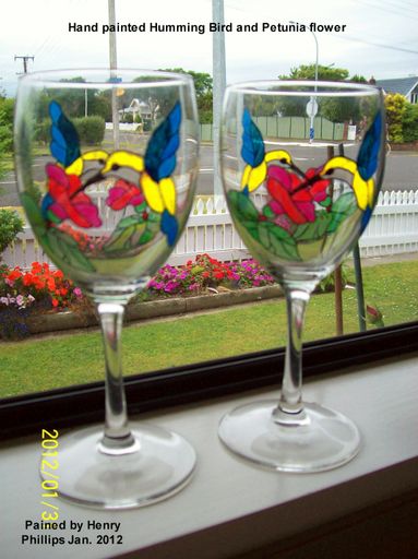 Humming bird and petunia flower wine glass