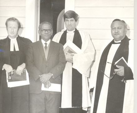 Group of Clergymen (Rev Grosse, ?, ? and Rev. T.P. Panapa) outside church