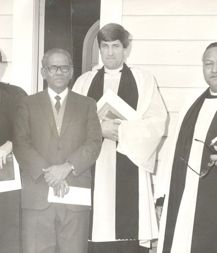 Group of Clergymen (Rev Grosse, ?, ? and Rev. T.P. Panapa) outside church