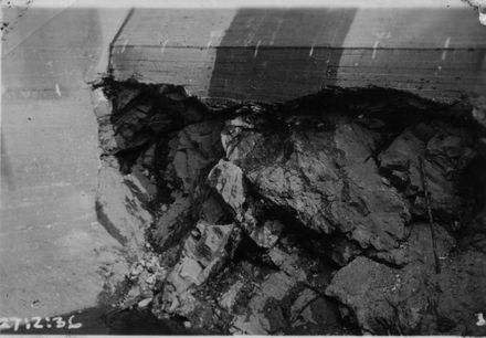 Close view of scour damage at base of No.2 Dam, Mangahao, 1936