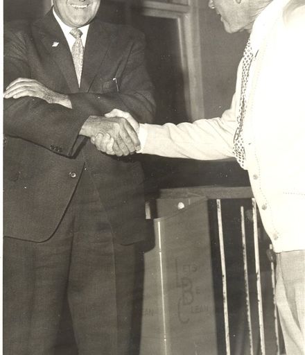Mayor Roberts congratulates Mr McCready, 1972