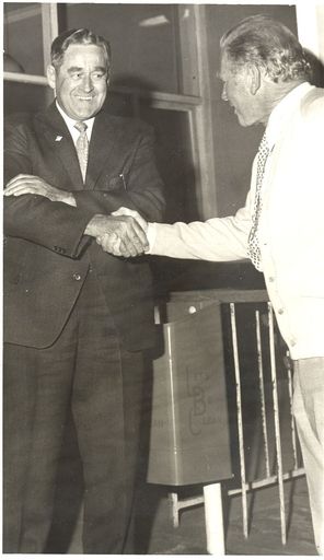 Mayor Roberts congratulates Mr McCready, 1972
