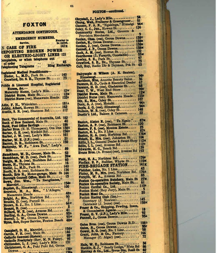 Manawatu 1945 Telephone Directory Foxton page 61
