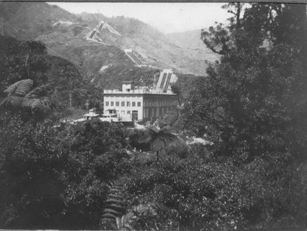 Mangaore Powerhouse with penstocks in background, early 1920's - Resource cover image