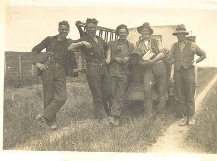 H.E.P.B. workers (5 men) beside truck, late 1920's