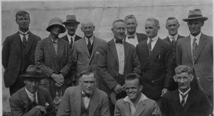 Woman and 12 men at Mangahao Dam, 1924