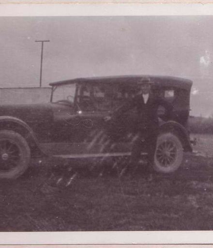 Mr Gimblett standing beside his car (Hudson Super Six), 1924