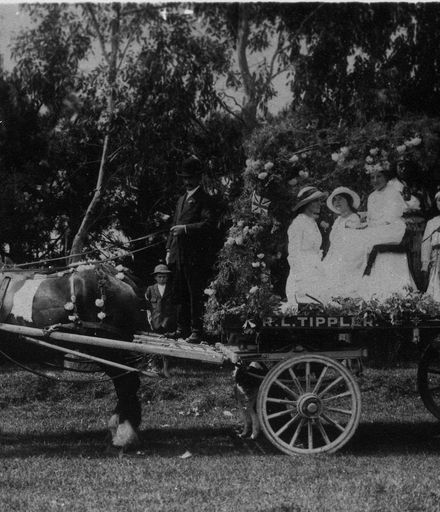 Tippler's Decorated Horse-drawn Wagon for Queen Carnival, early 1900's