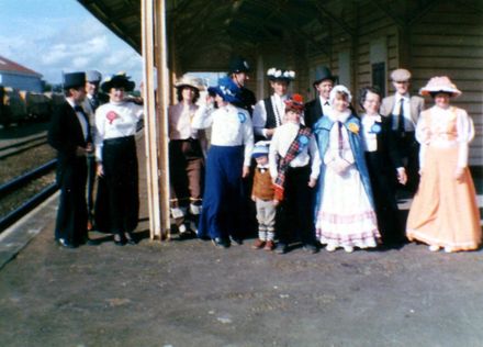Shannon Variety Players on railway station platform, 1986