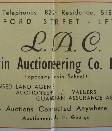 Advert for Levin Auctioneering Co Ltd - from Wises Levin Map 1950s