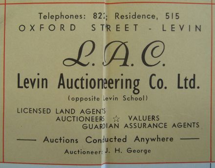 Advert for Levin Auctioneering Co Ltd - from Wises Levin Map 1950s