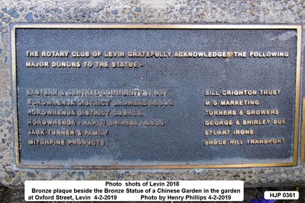 HJP 0361 I Bronze plaque beside the Bronze Statue of a Chinese Garden in the garden at Oxford Street, Levin  4-2-2019 - Resource cover image