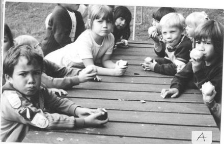 Children eating apples in picnic area at Summerland