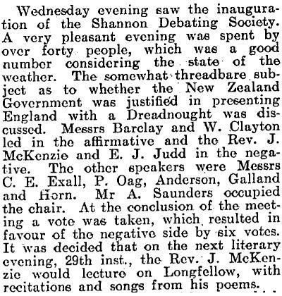 Shannon Debating Society inaugural meeting 1910