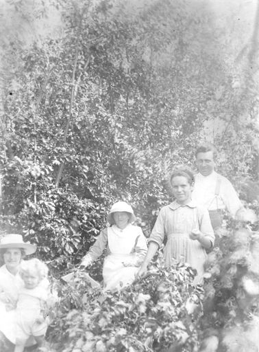 Five people in garden (berry picking ?)