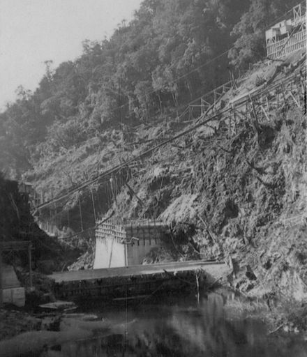 Temporary by-pass dam and part of Upper Mangahao Dam (?), 1923
