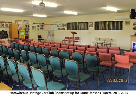 The Horowheua Vintage car club rooms set up for laurie Jensons funeral.