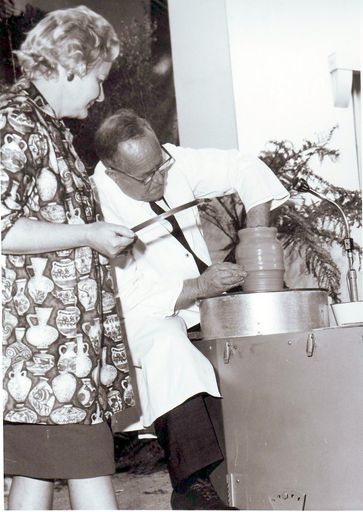 Man using potters wheel on stage, Electricity Exhibition 1972 - Resource cover image