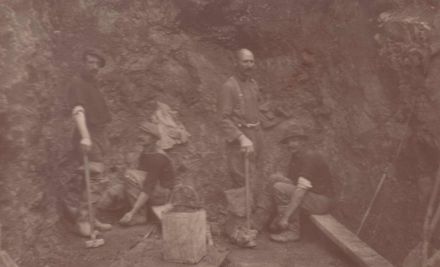 Four unidentified men 'hand drilling' entrance for by-pass tunnel, 27 October 1926 - Resource cover image
