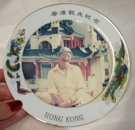 China plate (Hong Kong) with colour photo of Jack Kingsbury glued to it, 1979