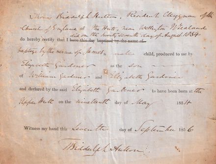 James Gardner baptism certificate
