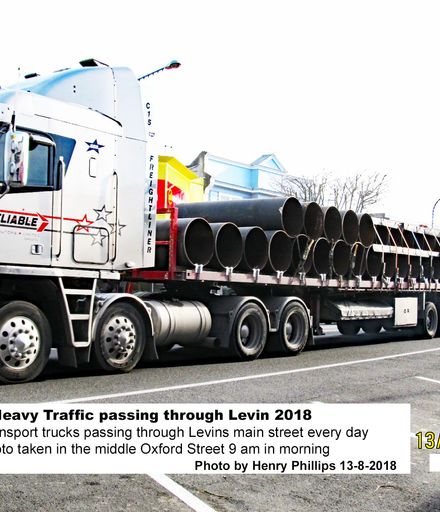 Heavy laden trucks passing through Levin 13-8-2018