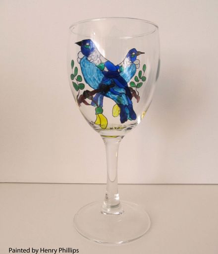 Hand Painted Tui 3 Wine Glasses 250 mls glass