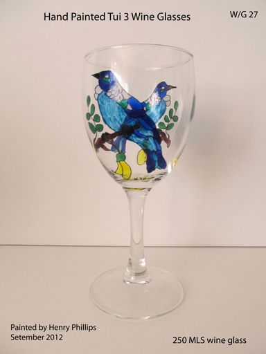 Hand Painted Tui 3 Wine Glasses 250 mls glass