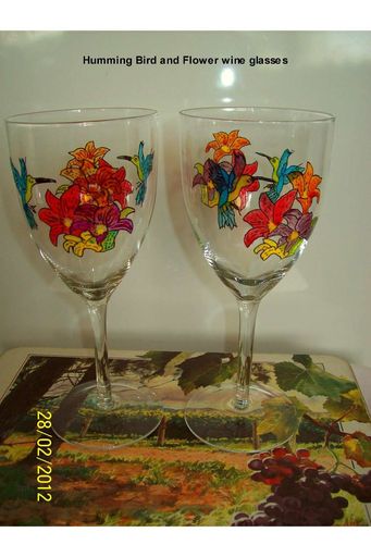 Hand Painted Humming Bird and Flower wine glasses
