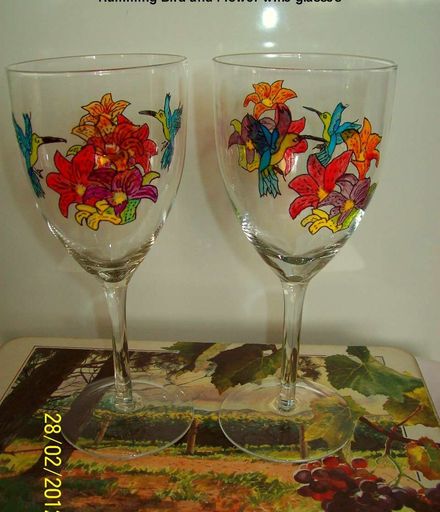Hand Painted Humming Bird and Flower wine glasses