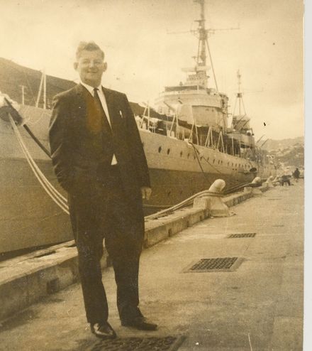 Mr Gallagher visits former HMNZS 'Achilles', 1969