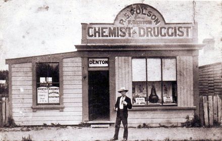 Chemist shop established by R.S. Polson taken over by F. Denton