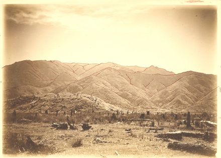 Looking across paddock of stumps to bush covered hills.