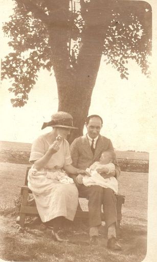 Father, mother and baby sitting on wooden set under tree