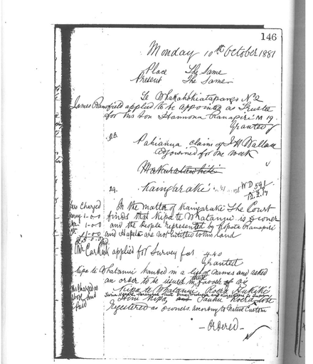 Otaki Maori Land Court Minutebook  - 10 October 1881.
