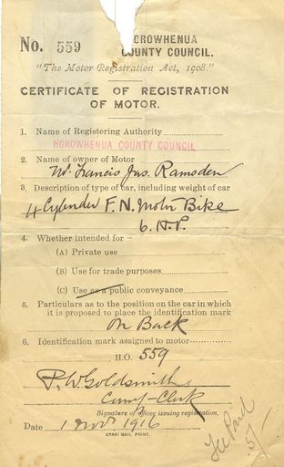RAMSDEN Certificate of Motor Registration