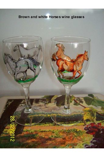 Hand Painted Brown and White Horses wine glasses