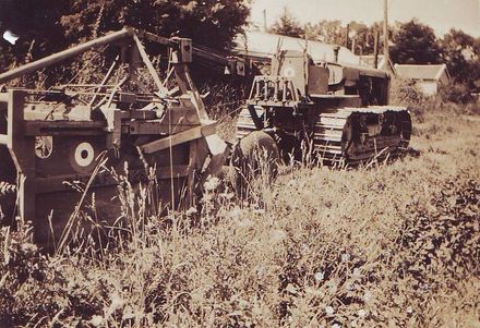 Bulldozer towing cable-operated soil scraper / scoop (ex R.N.Z.A.F. ?)