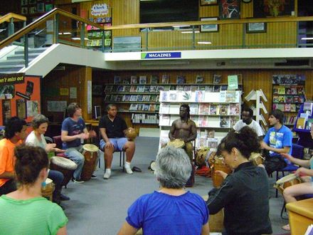 Yaw Boateng leading drumming workshop in Levin Library