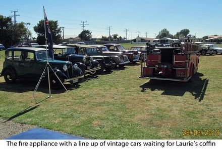 The Fire appliance and vintage cars waiting for Lauries coffin